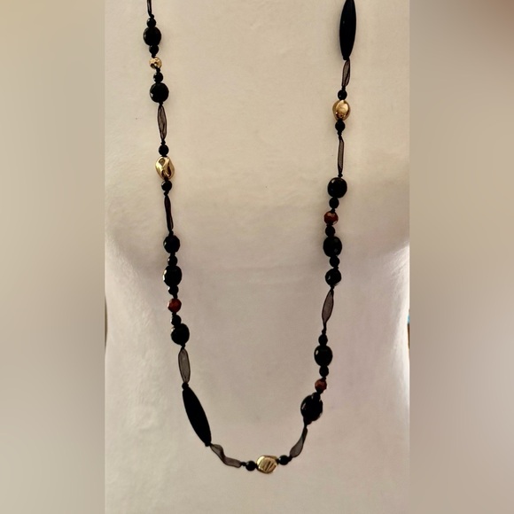 🐈‍⬛ Elegant Black Ribbon with Black, Gold & Copper Beaded Necklace by Cookie Lee - Picture 6 of 6